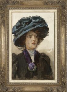 Elegant lady with blue hat incl frame – kleur