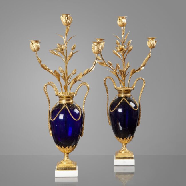 French Louis Seize ormolu mounted midnight blue glass three-light vase candelabra