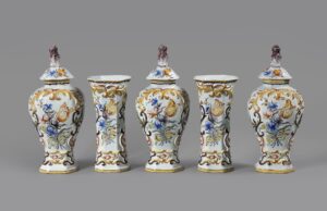 Dutch Delft Polychrome five-piece vase garniture decorated with Dutch tulips